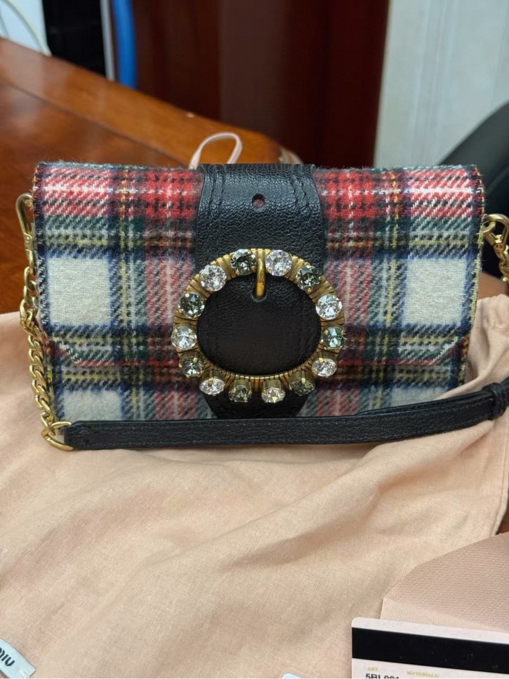 Authentic 2017 Miu Miu Tartan Jewels Crystal Crossbody Bag 5BL001